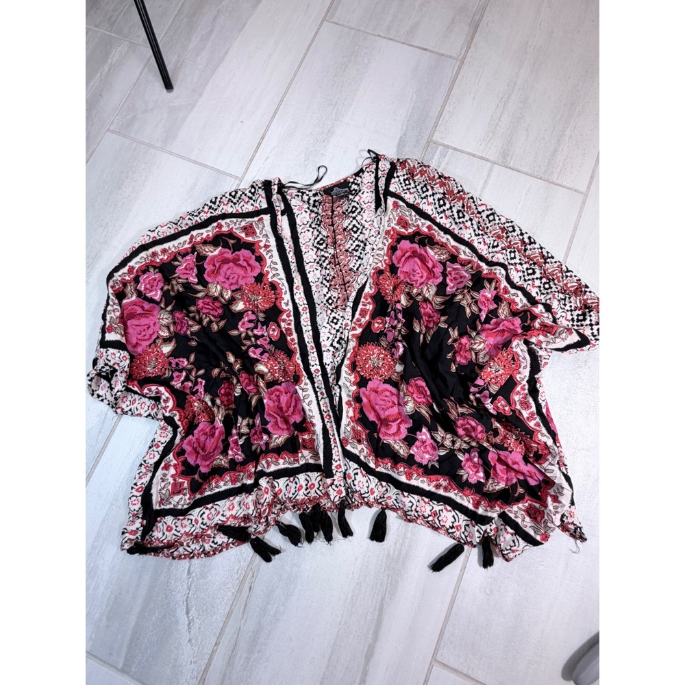 Angie Floral Kimono Cardigan Pink Black Tassel Trim Open Front Rayon Medium